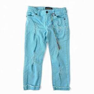 Lucky Brand Girls Jeans 10 Aqua Blue Distressed Coastal Cowgirl Boho Colorful